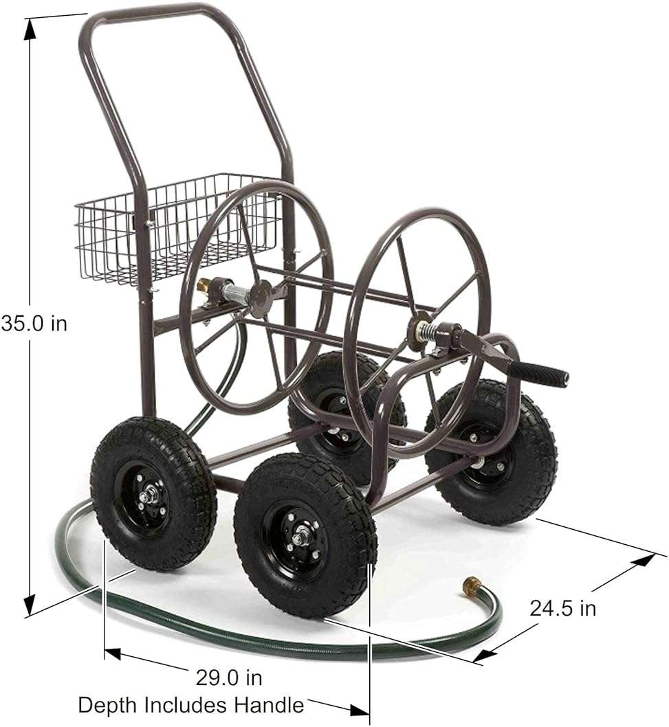 Liberty Garden Residential Grade Four Wheel 250 Foot Capacity Steel Frame Water Hose Reel Cart with Basket for Backyard, Garden, or Home, Brown, Bronze - Image 3