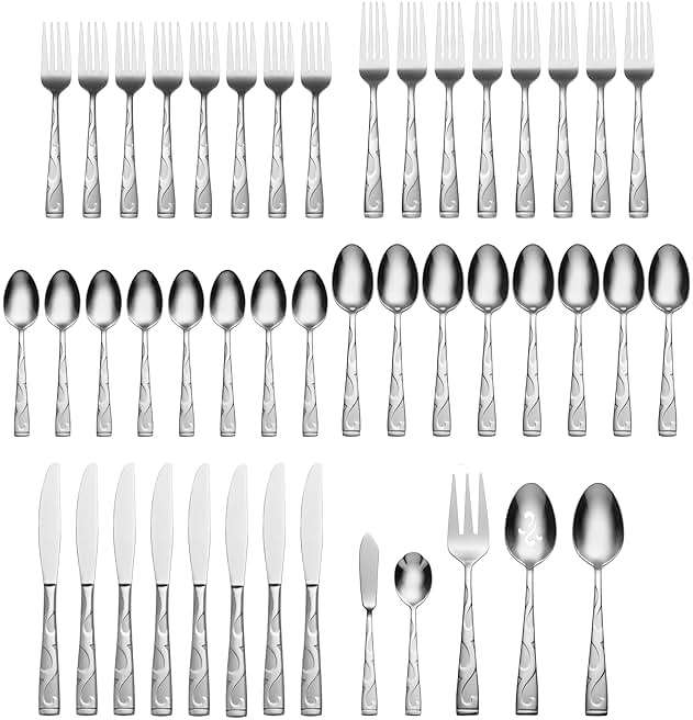 Oneida Silverware Set For 8, Tuscany 45-Piece Everyday Flatware Set with Serving Utensils, Service For 8, 18/0 Stainless Steel, Dishwasher Safe, Knives Spoons And Forks Sets, Dining (Silver, 45 Piece) - Image 3