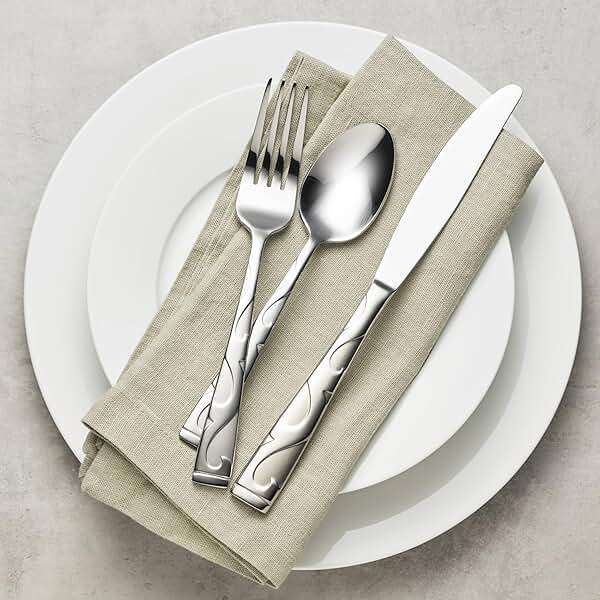 Oneida Silverware Set For 8, Tuscany 45-Piece Everyday Flatware Set with Serving Utensils, Service For 8, 18/0 Stainless Steel, Dishwasher Safe, Knives Spoons And Forks Sets, Dining (Silver, 45 Piece) - Image 6