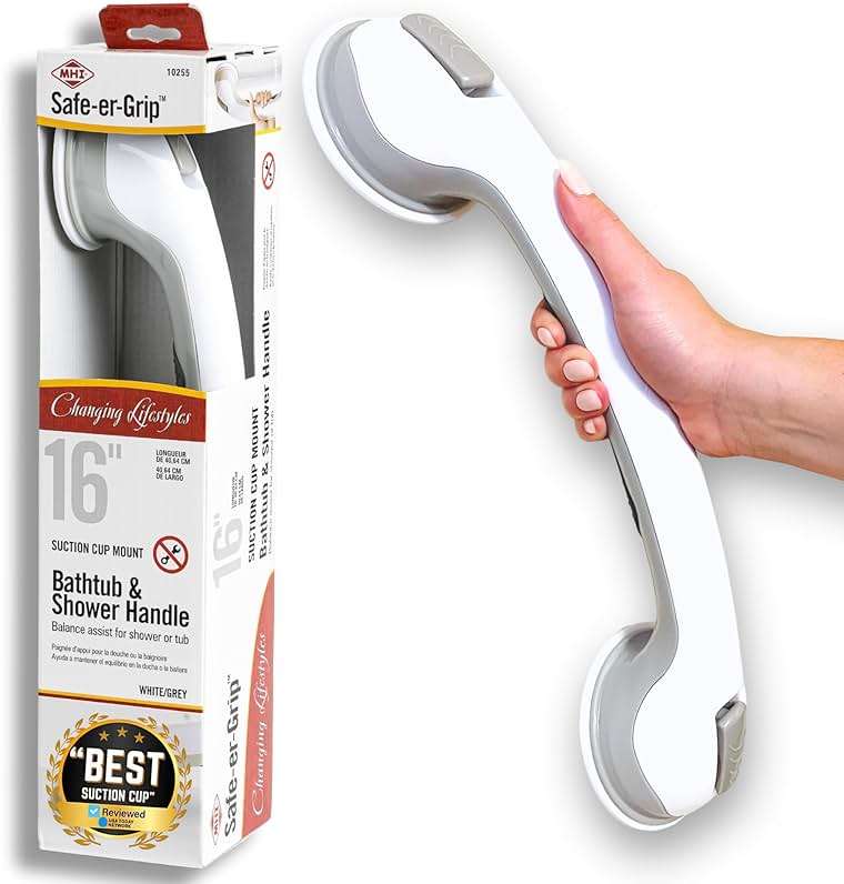 Safe-er-Grip Changing Lifestyles Suction Cup Grab Bars For Bathtubs & Showers; Safety Bathroom Assist Handle, White & Grey, 16 Inches - Image 1