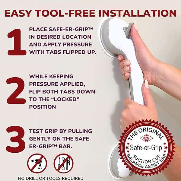 Safe-er-Grip Changing Lifestyles Suction Cup Grab Bars For Bathtubs & Showers; Safety Bathroom Assist Handle, White & Grey, 16 Inches - Image 3