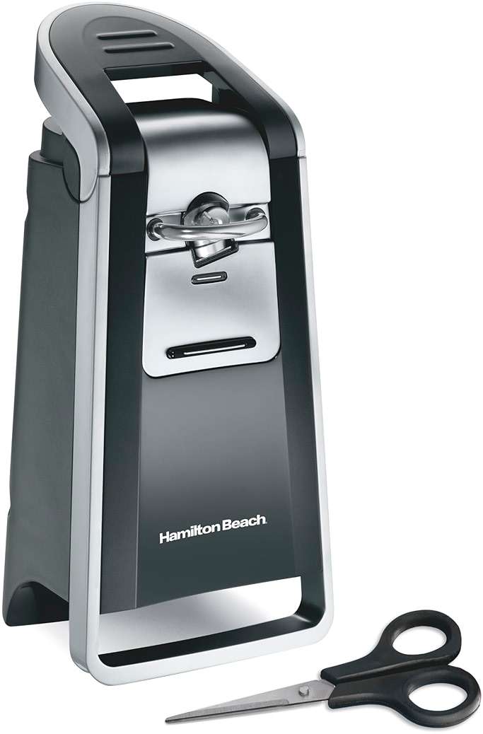 Hamilton Beach Smooth Edge Electric Automatic Can Opener for Kitchen with Easy Push Down Lever, Extra Tall, Includes Stainless Steel Scissors, Black and Chrome (76607) - Image 1