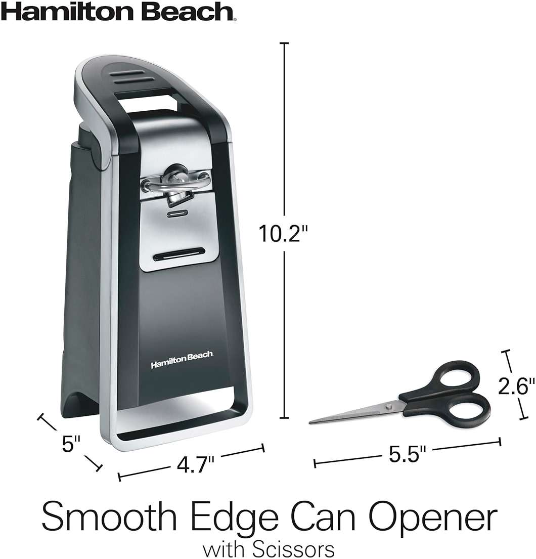 Hamilton Beach Smooth Edge Electric Automatic Can Opener for Kitchen with Easy Push Down Lever, Extra Tall, Includes Stainless Steel Scissors, Black and Chrome (76607) - Image 2
