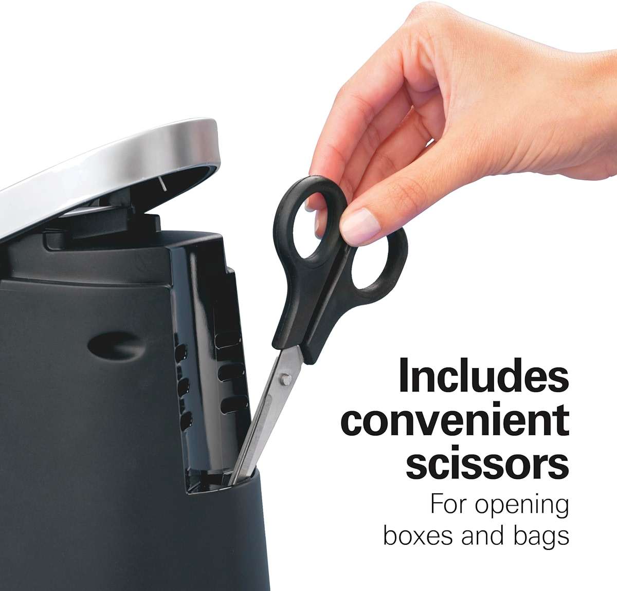 Hamilton Beach Smooth Edge Electric Automatic Can Opener for Kitchen with Easy Push Down Lever, Extra Tall, Includes Stainless Steel Scissors, Black and Chrome (76607) - Image 7