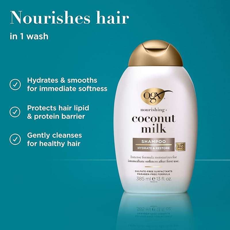 OGX Nourishing + Coconut Milk Moisturizing Shampoo, Hydrating & Restoring Shampoo Moisturizes for Soft Hair After the First Use, Paraben-Free, Sulfate-Free Surfactants, 13 fl. oz - Image 2