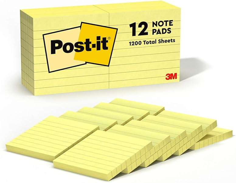 Post-it Notes, 3 in x 3 in, 12 Lined Sticky Notes Pads, 100 Sheets per Pad, The Iconic Canary Yellow Note, New Year Organization or Second Semester School Supplies - Image 1