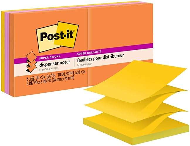 Post-it Super Sticky Dispenser Pop-up Notes, 6 Sticky Note Pads, 3 x 3 in., 2X the Sticking Power, School Supplies and Oﬃce Products, Use with Post-it Note Dispensers, Energy Boost Collection - Image 1