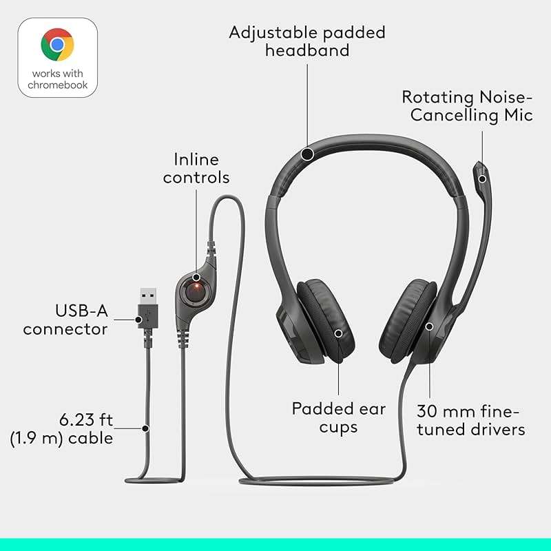 Logitech H390 Wired Headset for PC/Laptop, Stereo Headphones with Noise Cancelling Microphone, USB-A, in-Line Controls, Works with Chromebook - Black - Image 7