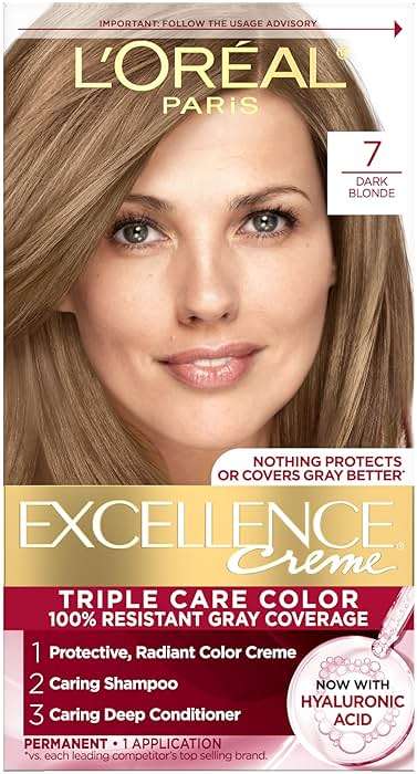 L'Oreal Paris Excellence Crème Permanent Hair Dye, Triple Care Hair Color with Hyaluronic Acid for 100% Gray Coverage, 7 Dark Blonde, 1 Kit (Packaging May Vary) - Image 1