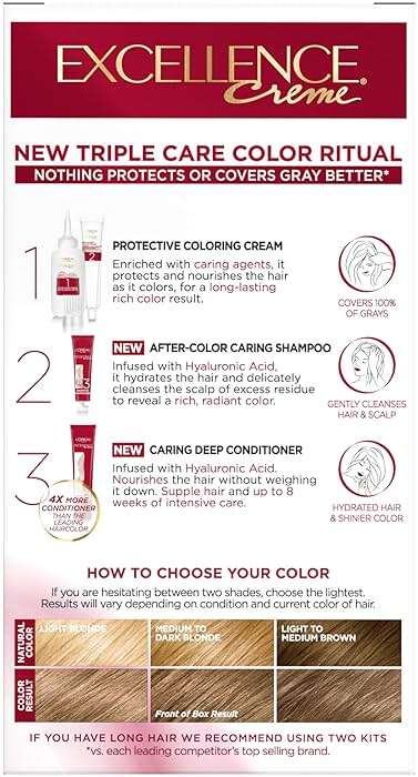 L'Oreal Paris Excellence Crème Permanent Hair Dye, Triple Care Hair Color with Hyaluronic Acid for 100% Gray Coverage, 7 Dark Blonde, 1 Kit (Packaging May Vary) - Image 10