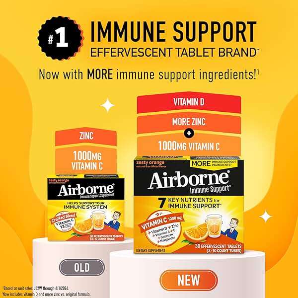 Airborne Immune Support Effervescent Tablets, Zesty Orange Flavor - 30ct with 1000mg Vitamin C + Vitamins A, D, E, Zinc, Selenium, Manganese & Herbal Blend - Sugar‑Free, Gluten‑Free - Image 2