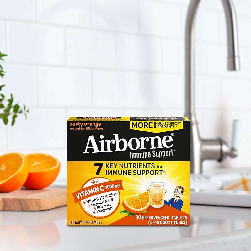 Airborne Immune Support Effervescent Tablets, Zesty Orange Flavor - 30ct with 1000mg Vitamin C + Vitamins A, D, E, Zinc, Selenium, Manganese & Herbal Blend - Sugar‑Free, Gluten‑Free - Image 15