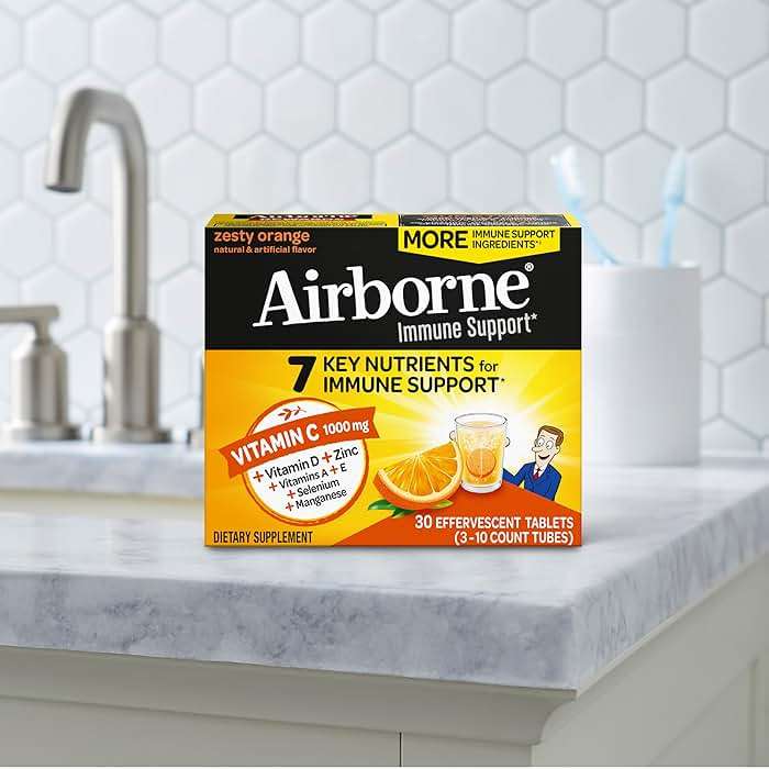 Airborne Immune Support Effervescent Tablets, Zesty Orange Flavor - 30ct with 1000mg Vitamin C + Vitamins A, D, E, Zinc, Selenium, Manganese & Herbal Blend - Sugar‑Free, Gluten‑Free - Image 17