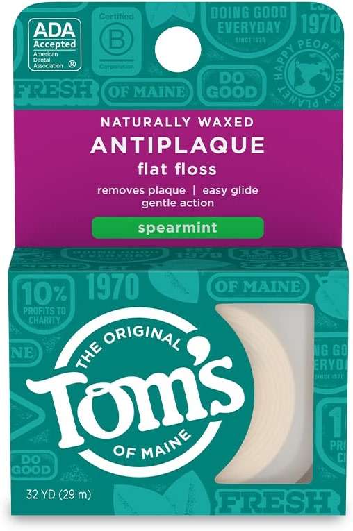 Tom's of Maine Naturally Waxed Antiplaque Flat Dental Floss, Spearmint, 32 Yards - Image 1