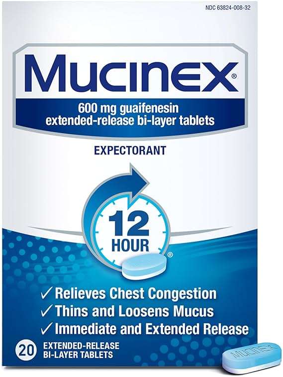 Mucinex 12 Hour 600 mg Guaifenesin Extended-Release Tablets for Excess Mucus Relief, Expectorant Aids Excess Mucus Removal, Chest Congestion Relief, 20 Bi-Layer Tablets - Image 1
