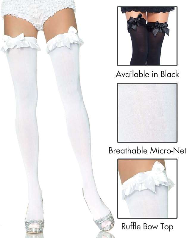 Leg Avenue Women's Opaque Thigh Highs with Satin Ruffle Trim and Bow - Image 2