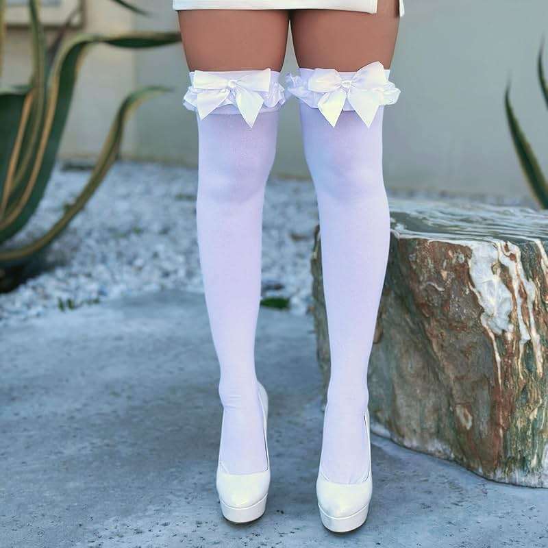 Leg Avenue Women's Opaque Thigh Highs with Satin Ruffle Trim and Bow - Image 5