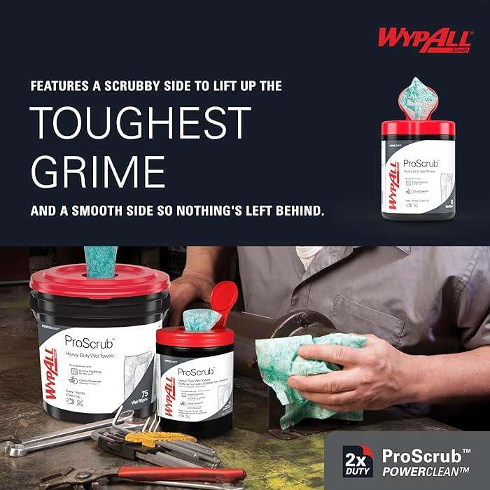 WypAll PowerClean ProScrub Heavy Duty Wet Towels (58310), Dual Action Cleaning, Large 9.5" x 12" Wipes, Canister Included (8 Canisters of 50 Sheets, 400 Sheet Total) - Image 5