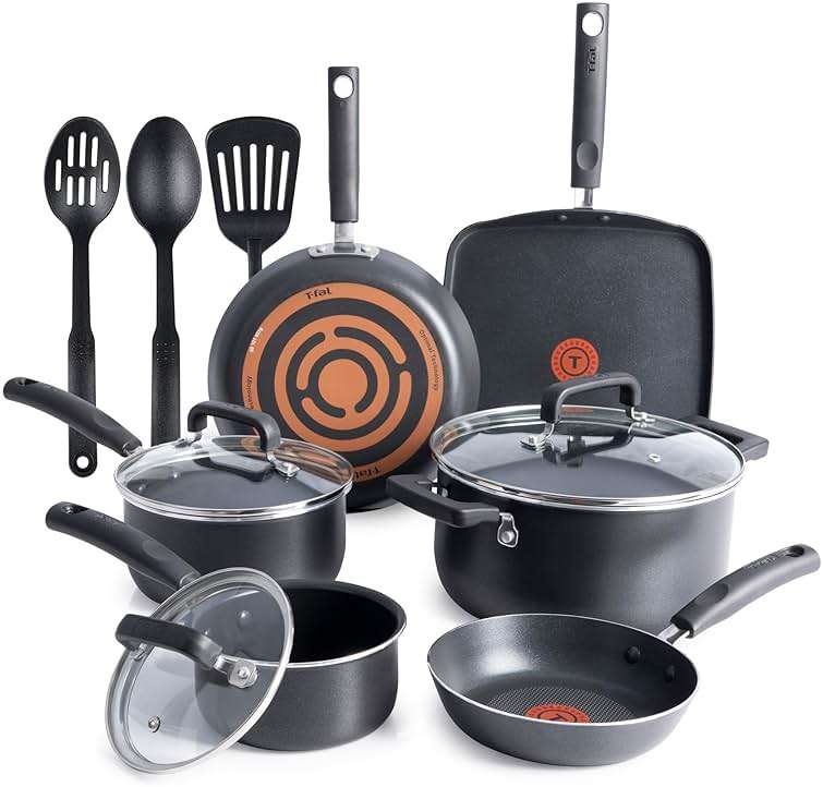 T-Fal Signature Nonstick Pots and Pans Set 12 Piece, Oven Broiler Safe 350F, Kitchen Cookware Set w/Fry Pans, Saucepans, Saute Pan, Dutch Oven, Griddle, Kitchen, Home, Dishwasher Safe, Black - Image 1
