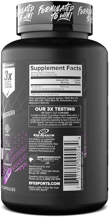 EFX Sports Kre-Alkalyn EFX | pH Correct Creatine Monohydrate Pill Supplement | Strength, Muscle Growth & Performance | 60 Servings, 120 Capsules - Image 9