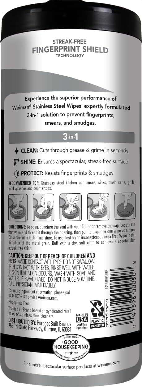 Weiman Stainless Steel Cleaner, 30 Count Wipes, Anti-Fingerprint, Removes Grease, Water Spots, Streaks & Residue, Polishing Cleaner Safe for Appliances, Chrome, Sinks & Grill Exteriors - Image 2