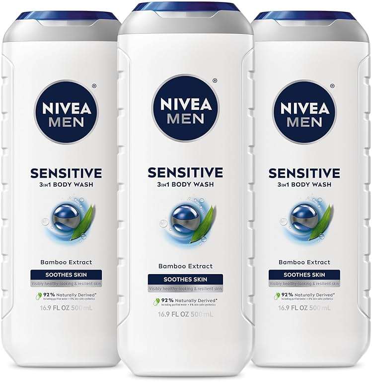 NIVEA MEN Sensitive Body Wash with Bamboo Extract, Moisturizing Body Wash for Sensitive Skin, Soap Free Shower Gel for Men with No Drying Alcohol, 16.9 Fl Oz Bottle, Pack of 3 - Image 1