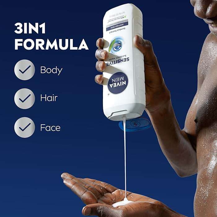 NIVEA MEN Sensitive Body Wash with Bamboo Extract, Moisturizing Body Wash for Sensitive Skin, Soap Free Shower Gel for Men with No Drying Alcohol, 16.9 Fl Oz Bottle, Pack of 3 - Image 2
