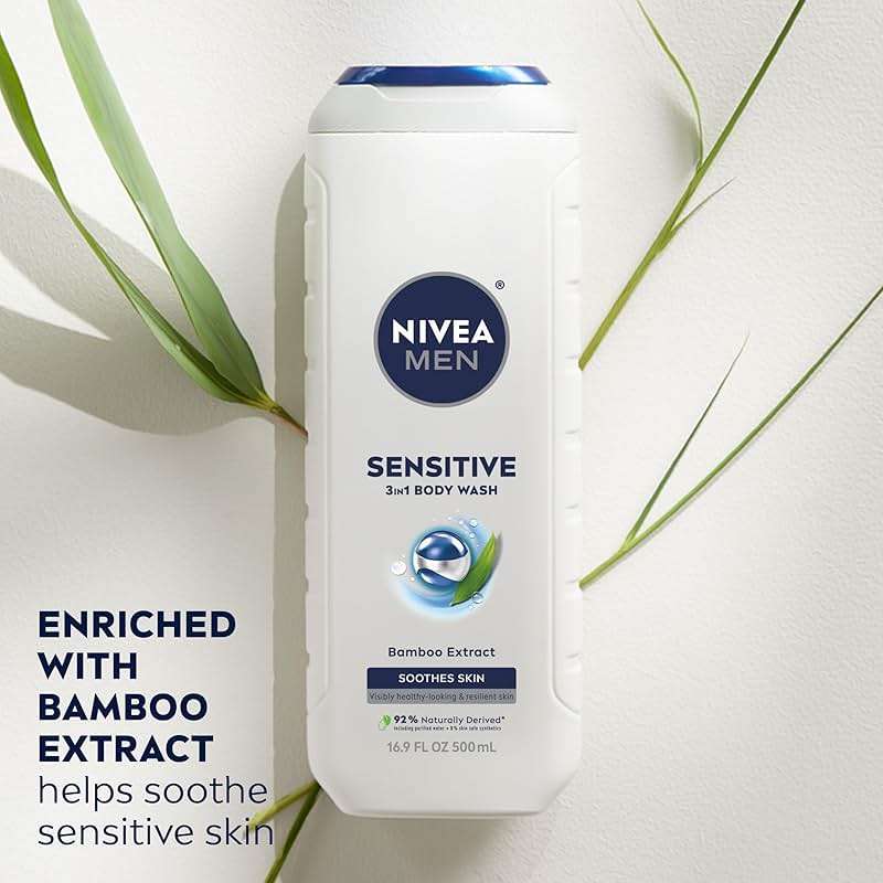 NIVEA MEN Sensitive Body Wash with Bamboo Extract, Moisturizing Body Wash for Sensitive Skin, Soap Free Shower Gel for Men with No Drying Alcohol, 16.9 Fl Oz Bottle, Pack of 3 - Image 3