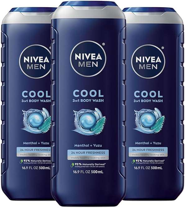 NIVEA MEN Cool Body Wash, Icy Menthol and Yuzu Scent, 3-in-1 Men's Body Wash, Face and Hair, Paraben Free, pH-Skin Friendly, 16.9 Fl Oz Bottle, Pack of 3 - Image 1
