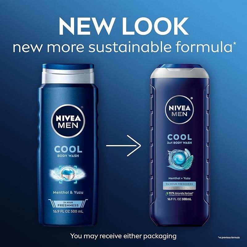NIVEA MEN Cool Body Wash, Icy Menthol and Yuzu Scent, 3-in-1 Men's Body Wash, Face and Hair, Paraben Free, pH-Skin Friendly, 16.9 Fl Oz Bottle, Pack of 3 - Image 3