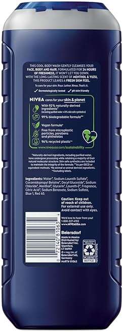 NIVEA MEN Cool Body Wash, Icy Menthol and Yuzu Scent, 3-in-1 Men's Body Wash, Face and Hair, Paraben Free, pH-Skin Friendly, 16.9 Fl Oz Bottle, Pack of 3 - Image 13