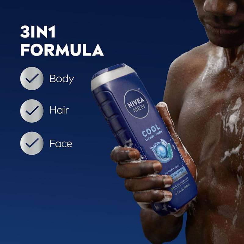 NIVEA MEN Cool Body Wash, Icy Menthol and Yuzu Scent, 3-in-1 Men's Body Wash, Face and Hair, Paraben Free, pH-Skin Friendly, 16.9 Fl Oz Bottle, Pack of 3 - Image 4