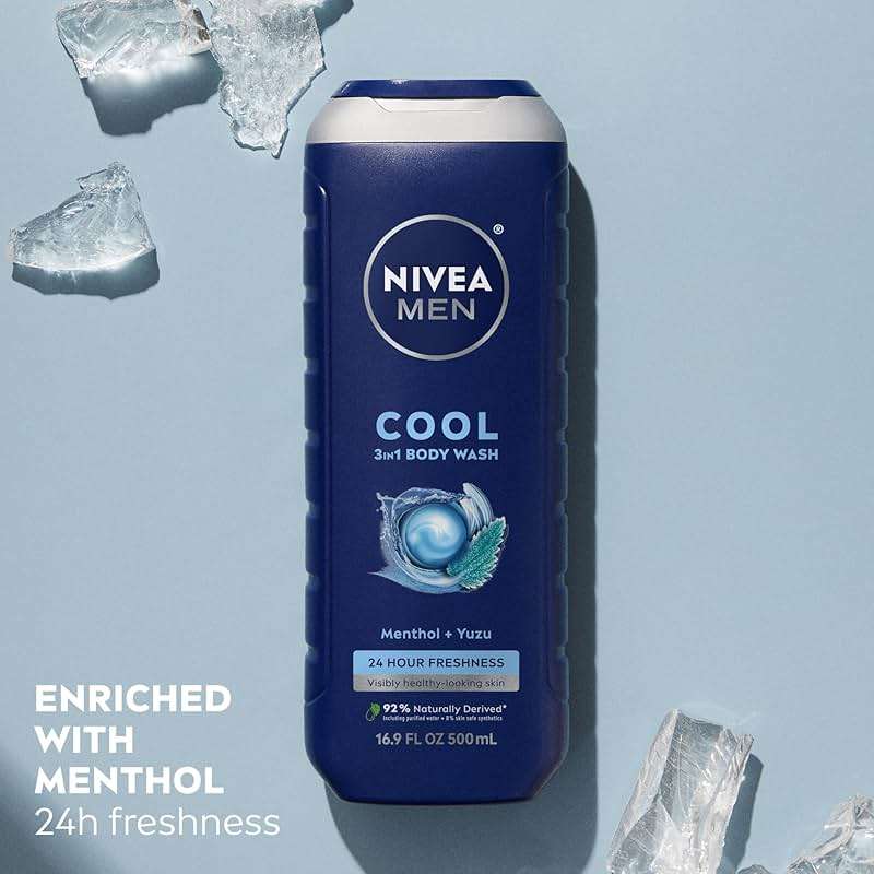 NIVEA MEN Cool Body Wash, Icy Menthol and Yuzu Scent, 3-in-1 Men's Body Wash, Face and Hair, Paraben Free, pH-Skin Friendly, 16.9 Fl Oz Bottle, Pack of 3 - Image 5