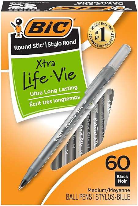 BIC Round Stic Xtra Life Ballpoint Pen, Ultra Long Lasting and Consistent Ink Flow, 60-Count in Black Ink - Image 1
