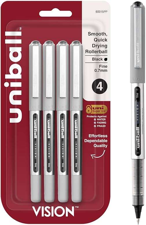 uni-ball Vision Stick Roller Ball Pens, Fine Point, Black Ink, Pack of 4 - Image 1