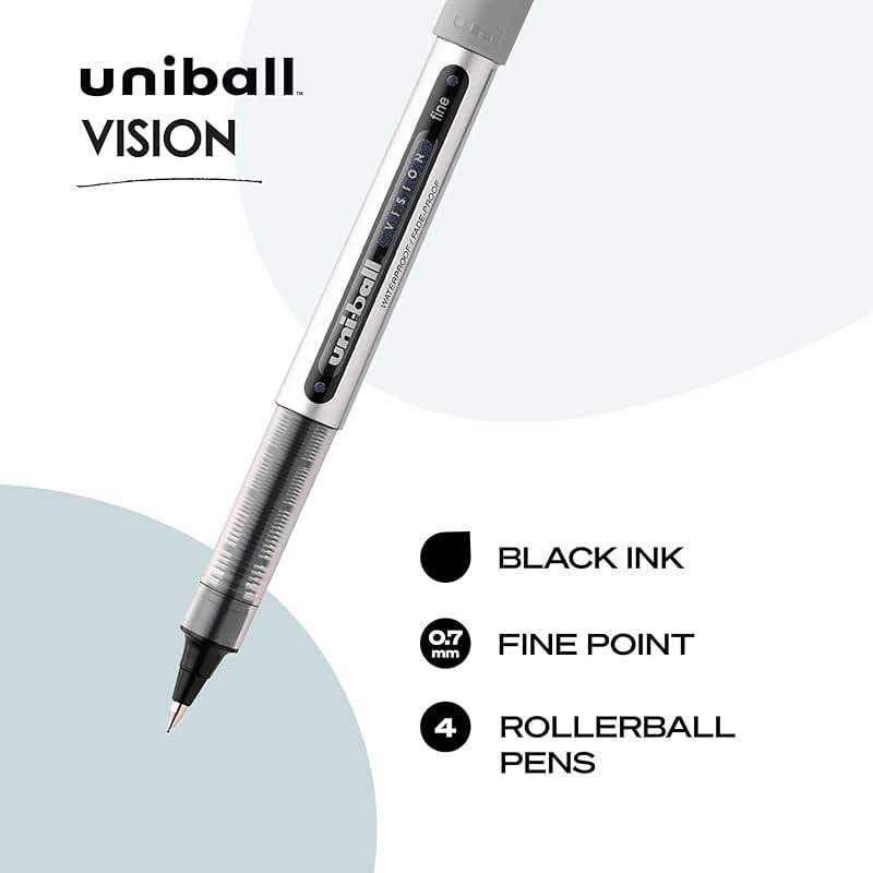 uni-ball Vision Stick Roller Ball Pens, Fine Point, Black Ink, Pack of 4 - Image 2