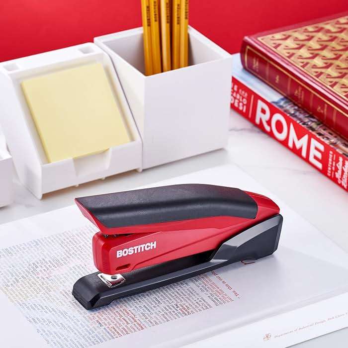 Bostitch Office Executive 3 in 1 Stapler, Includes 210 Staples and Integrated Staple Remover, One Finger Stapling, No Effort, 20 Sheet Capacity, Spring Powered Stapler, Red - Image 2