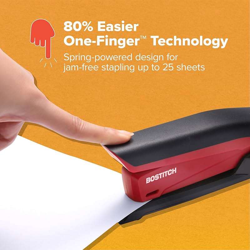 Bostitch Office Executive 3 in 1 Stapler, Includes 210 Staples and Integrated Staple Remover, One Finger Stapling, No Effort, 20 Sheet Capacity, Spring Powered Stapler, Red - Image 3