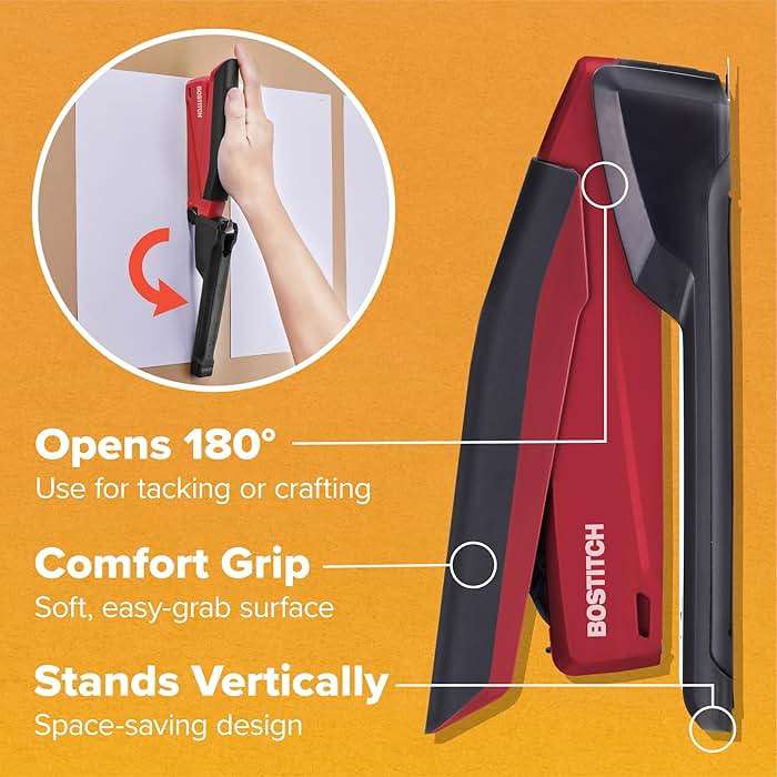 Bostitch Office Executive 3 in 1 Stapler, Includes 210 Staples and Integrated Staple Remover, One Finger Stapling, No Effort, 20 Sheet Capacity, Spring Powered Stapler, Red - Image 7