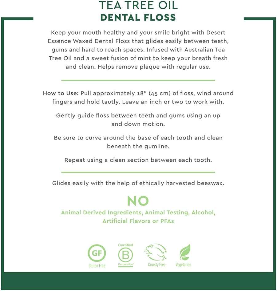 Desert Essence Tea Tree Oil Dental Floss - 50 Yards - Naturally Waxed w/ Beeswax - Thick Flossing No Shred Tape - On The Go - Removes Food Debris Buildup - Cruelty-Free Antiseptic - Image 5
