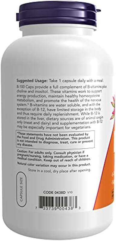 NOW Supplements, Vitamin B-100, Energy Production*, Nervous System Health*, 250 Veg Capsules - Image 3