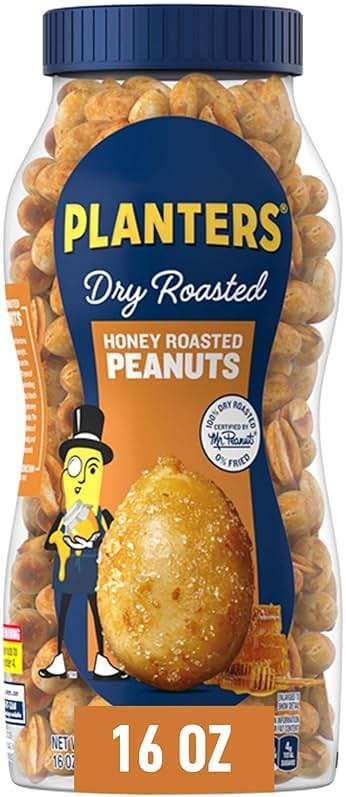 PLANTERS Honey Roasted Peanuts, Dry Roasted Peanuts, Party Snack, Plant-Based Protein, After School Snack, Sweet and Salty, Salted Nuts, Sea Salt & Honey, Snacks for Adults, Kosher, 16oz Jar - Image 1
