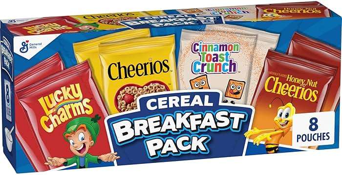 General Mills Cereal Variety Pack, Lucky Charms, Cinnamon Toast Crunch, Cheerios, and Honey Nut Cheerios, 8 Single Serve Pouches, 9.14 oz - Image 1