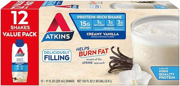 Atkins Vanilla High Protein Shake, 15g Protein, Low Glycemic, Low Carb and Low Sugar Protein Shakes, Keto Friendly Ready to Drink Shakes, 12 Vanilla Flavored Protein Shakes - Image 1