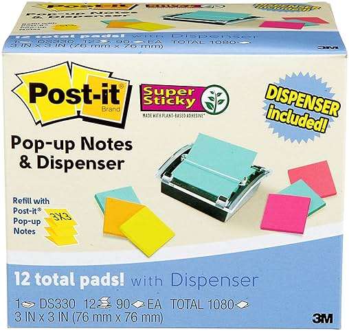 Post-it Sheet Super Sticky Note and Dispenser Value Pack, 3 in x 3 in, 12 Pads, Assorted Colors (DS330-SSVA) - Image 3
