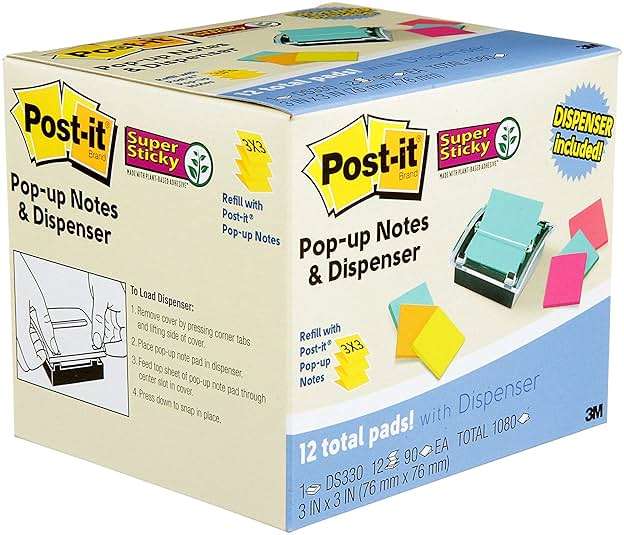 Post-it Sheet Super Sticky Note and Dispenser Value Pack, 3 in x 3 in, 12 Pads, Assorted Colors (DS330-SSVA) - Image 4