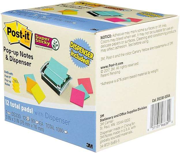 Post-it Sheet Super Sticky Note and Dispenser Value Pack, 3 in x 3 in, 12 Pads, Assorted Colors (DS330-SSVA) - Image 5