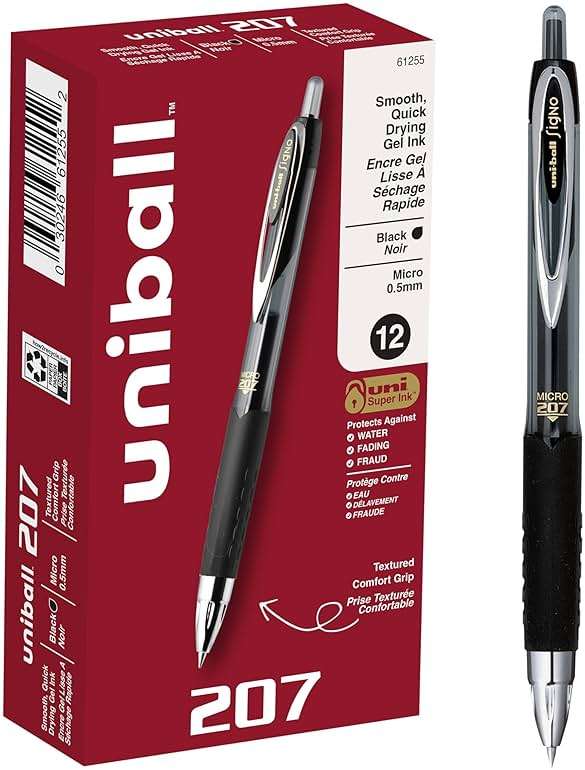 uniball 207 Retractable Gel Pens, Micro Point (0.5mm), Black, 12 Pack - Image 1