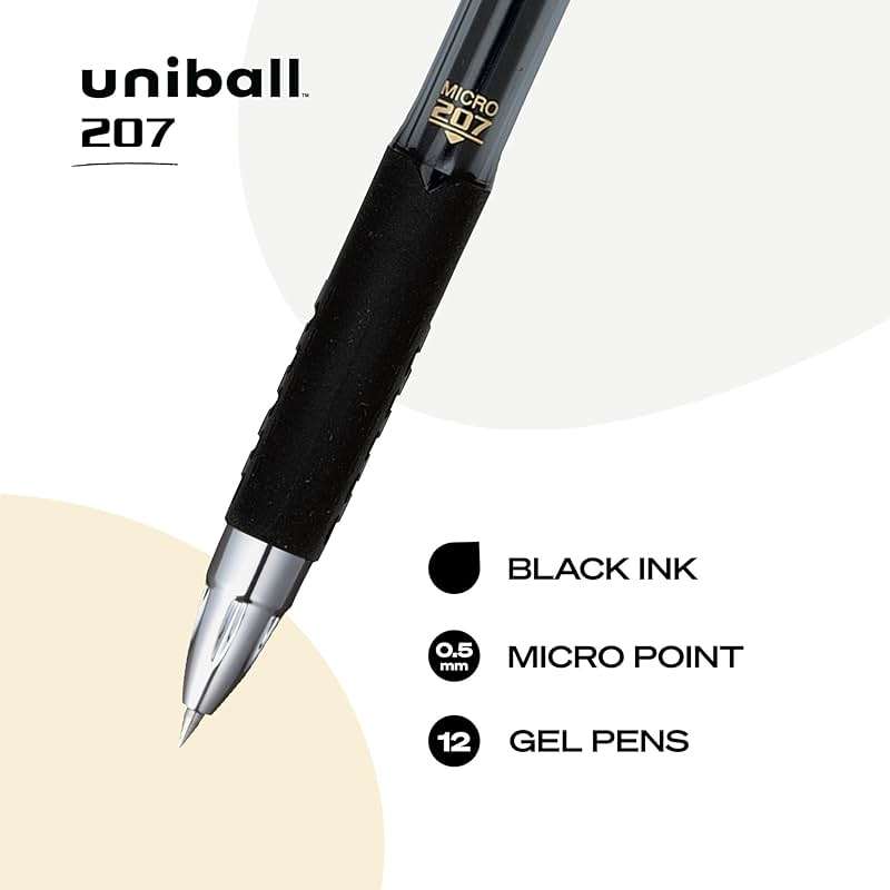 uniball 207 Retractable Gel Pens, Micro Point (0.5mm), Black, 12 Pack - Image 3