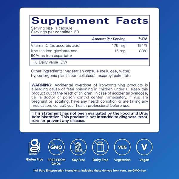 Pure Encapsulations Iron-C - 15 mg - 175 mg Vitamin C - Red Blood Cell Support* - Energy Production - Highly Bioavailable Iron Pill - for Women & Men - Gluten Free & Vegan - 60 Capsules - Image 2
